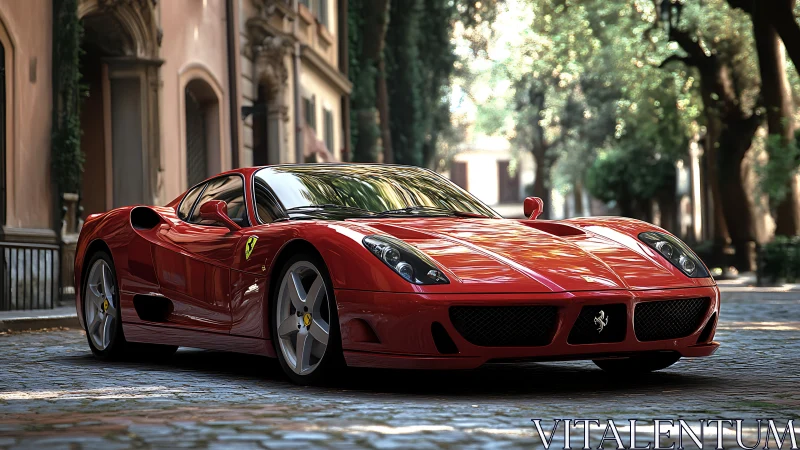 Red Ferrari supercar sits on cobblestone street under trees