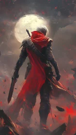 Figure with sword stands before full moon in red cloak