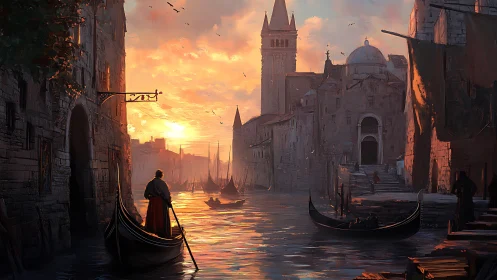 Sunlit canal passage through historic stone harbor city.