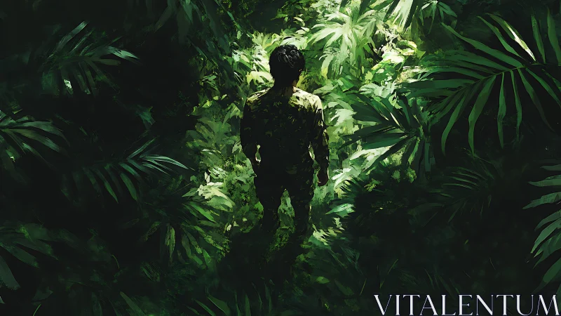 Lost wanderer stands quietly in a lush green jungle path