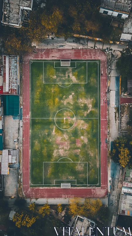 Worn urban soccer field with surrounding running track.