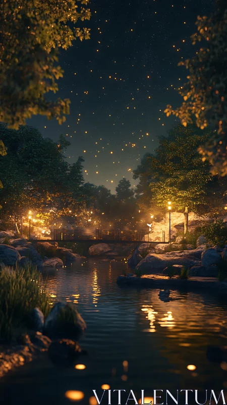 Enchanted forest bridge glows softly under starry night sky
