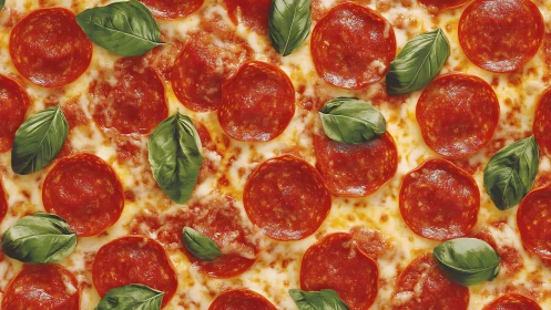 High-resolution overhead view shows pepperoni pizza with basil leaves