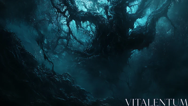 Twisted abyssal tree emerging in eerie teal fogscape.