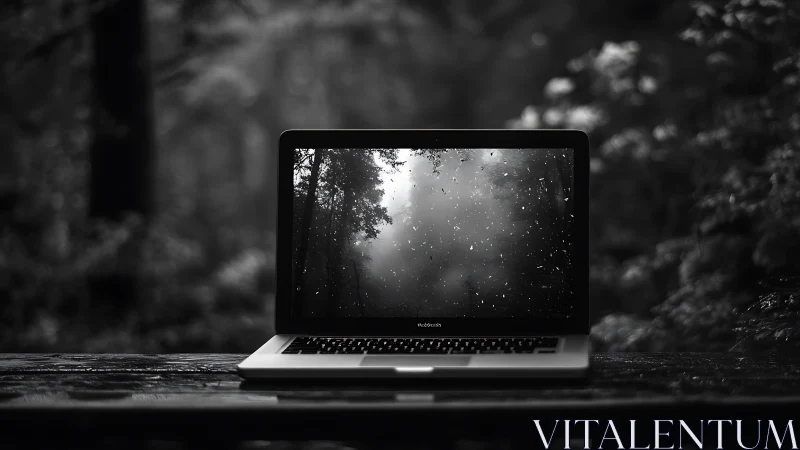 Monochrome laptop on wet wooden surface reflecting forest canopy