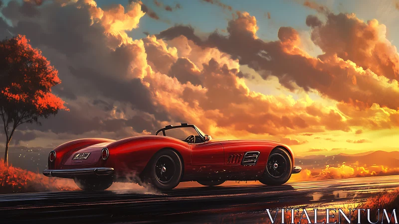 Red classic roadster speeding along wet highway at sunset.