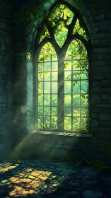 Sunlit ivy window in a forgotten stone chapel glow.