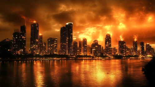 Blazing riverfront skyline under apocalyptic sunset glow.