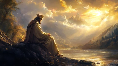 Crowned figure sits by river facing distant luminous citadel