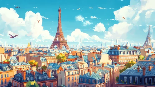 Sunlit Paris rooftops panorama with Eiffel Tower skyline