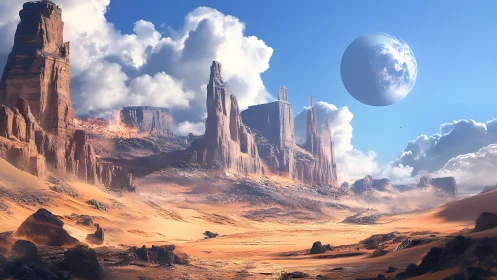 Desert plateau landscape with distant planet in sky.