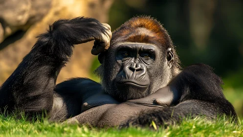 Majestic gorilla reclining in sunlit grass with pensive gaze.