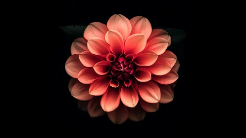 Coral Dahlia Petals Unfold Against Darkness.