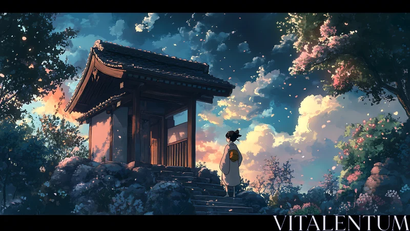 Girl in kimono watches glowing clouds above a shrine gate
