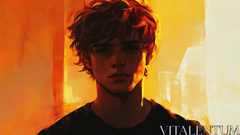 Moody young man portrait in intense golden light.