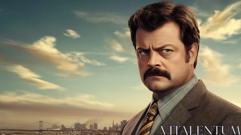 Stoic mustached man under a calm golden evening sky.