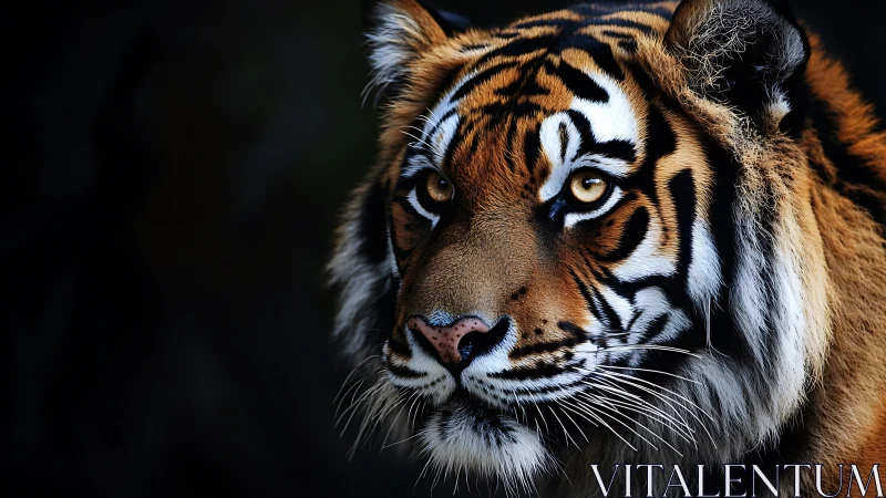 Regal tiger gazes through shadows with quiet, intense focus