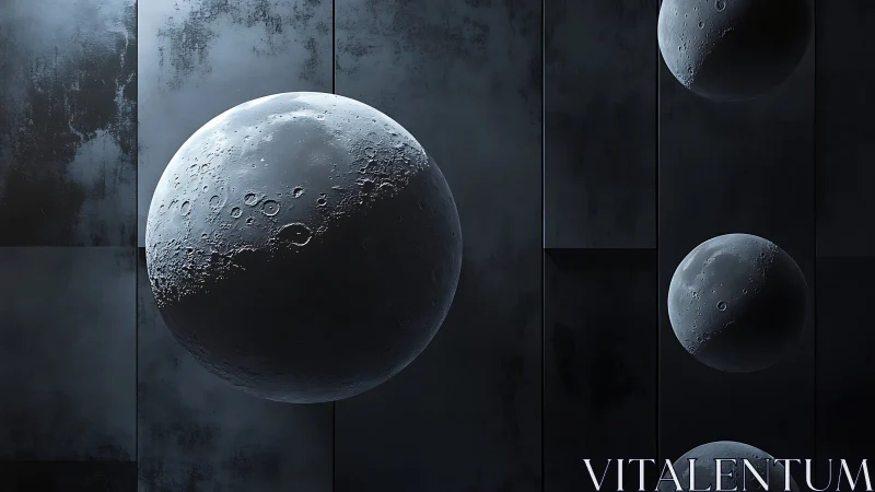 Moons drift through a steel corridor of silent midnight geometry.