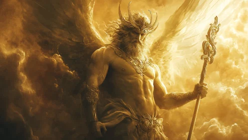Winged celestial warlord commands radiant golden storm.