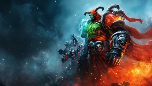 Infernal warlord strides through frost and flame-streaked chaos