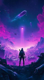 Lone scout watches neon skies ignite with descending starships.