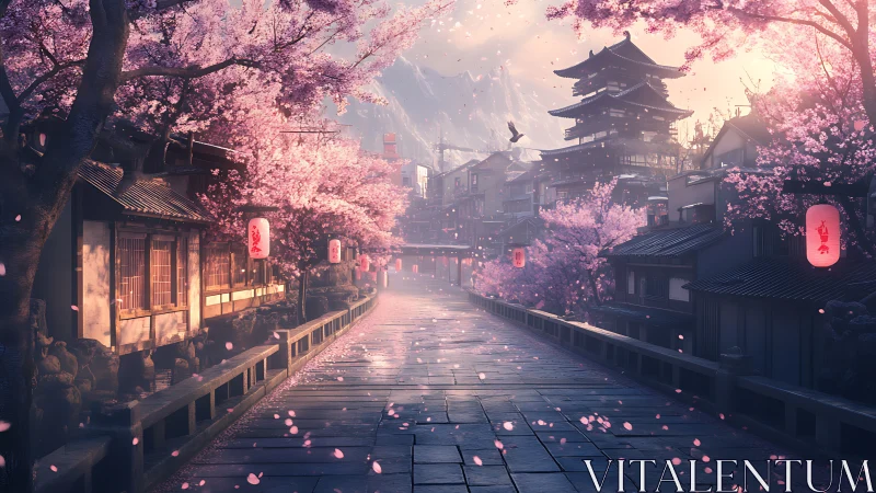 Cherry lined street frames distant pagoda in soft dusk light