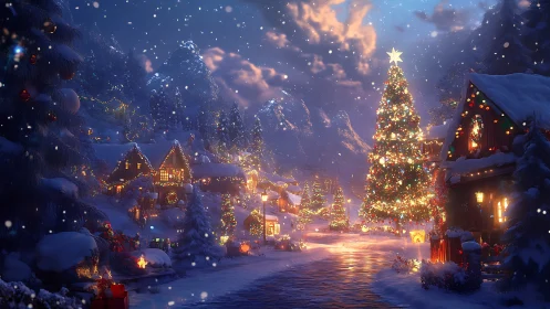 Snow-covered village street shows illuminated Christmas tree