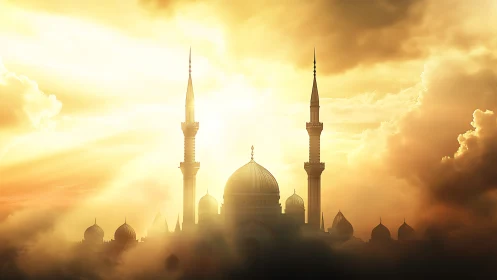 Sunlit minarets drifting through golden clouds at dawn.