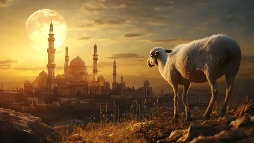 Sheep on rocky hill overlooking illuminated mosque at dusk.
