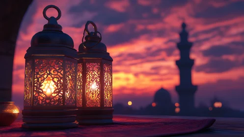 Metal lanterns on patterned cloth at dusk near mosque skyline.