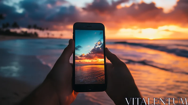 Sunset shoreline framed through smartphone perspective.