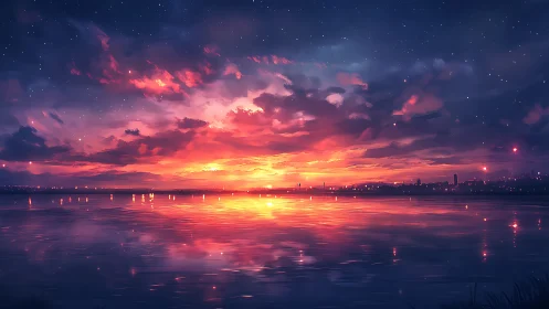 Neon dusk skyline over reflective waterfront horizon.