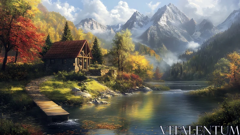 Mountain cabin overlooks reflective river under autumn light