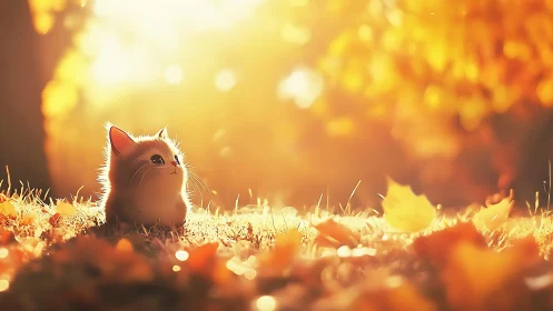 Kitten sits in glowing autumn field under warm sunlight