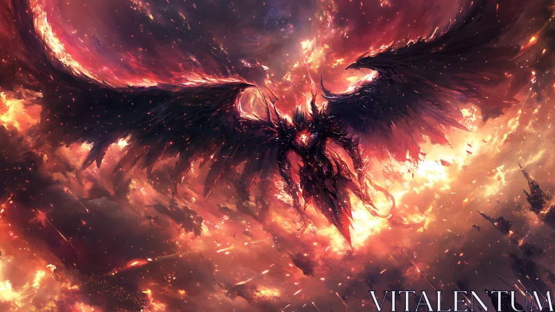 Apocalyptic dark seraph descending through incandescent storm