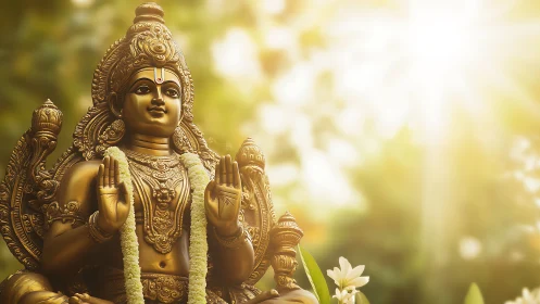 Golden deity listens to sunlight pour through the grove