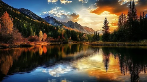 Mountain lake glows under a vivid autumn sunset sky