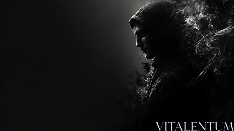 Monochrome hooded profile in drifting smoke silhouette design.