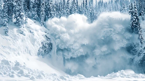 Massive alpine avalanche roars through dense snowy forest