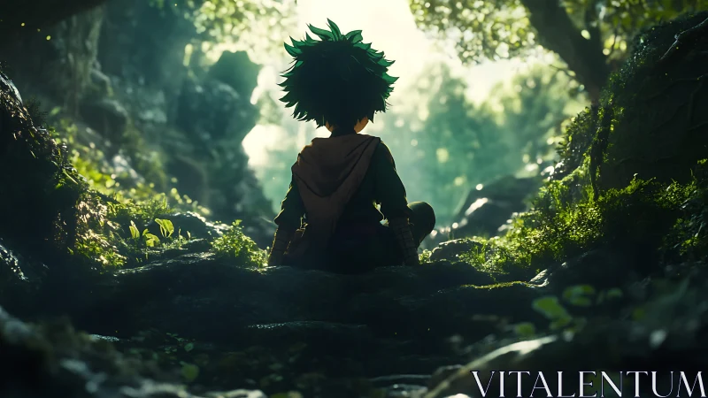 Forest dreamer rests in emerald light on mossy path.