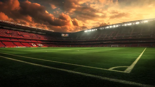Photorealistic sunset stadium interior with illuminated pitch.