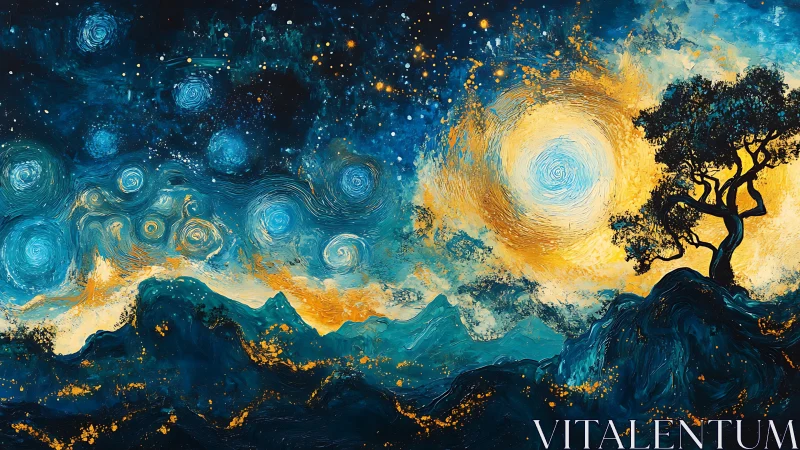 Swirling moonrise over midnight peaks and a lone dreaming tree.