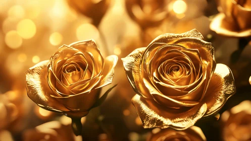 Gold roses with bokeh background display digital rendering