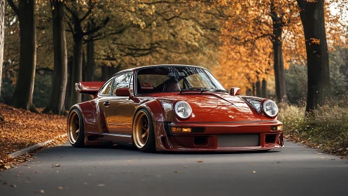Red sports coupe on forest road in autumn foliage setting.