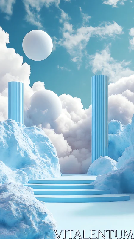 Ethereal sky temple floats among clouds and pastel pillars