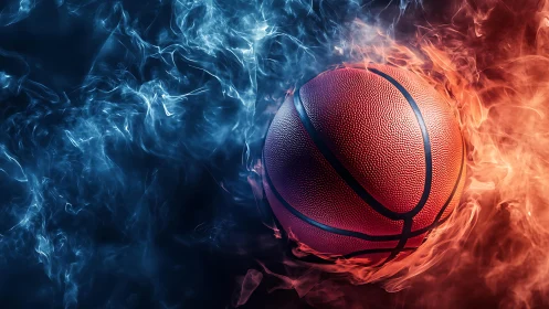 Basketball sits centered between blue smoke and orange flames