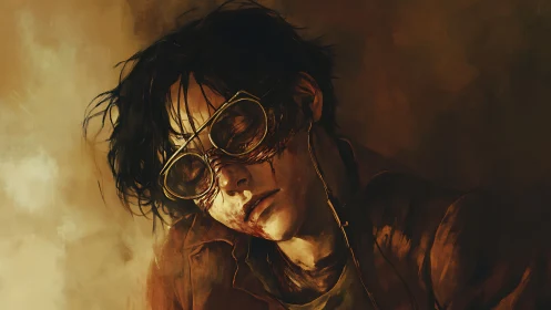 Bloodstained portrait depicts exhausted figure in smeared goggles