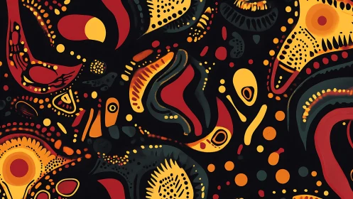 Abstract organic shapes in vibrant red, yellow, and orange tones.