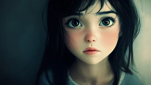 Wide-eyed daydreamer in soft teal shadows of quiet wonder.