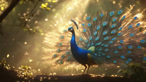 Peacock displays radiant plumage in warm forest backlight